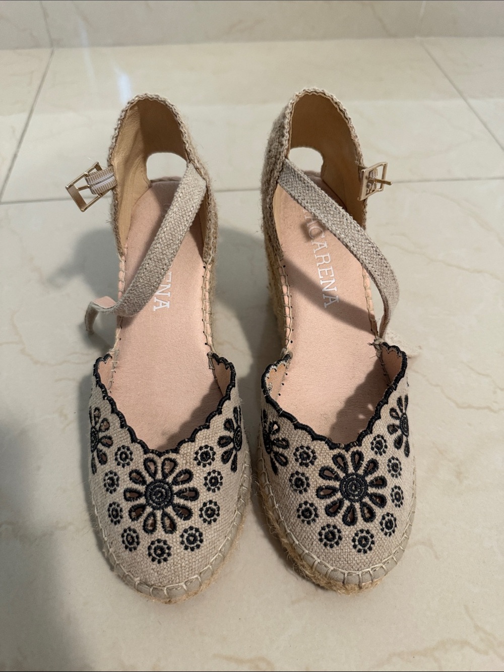 Barena Beige Espadrille Wedges with Black Floral Embroidery
